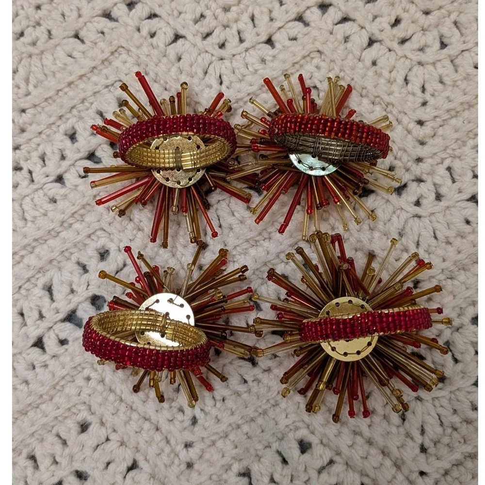 Vintage Beaded Starburst Napkin Rings Set of 4 Red Amber Gold Sunburst MCM Style